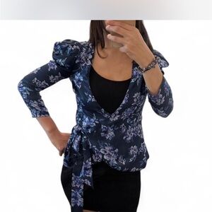 MAJORELLE Navy Purple Floral Wrap Blouse